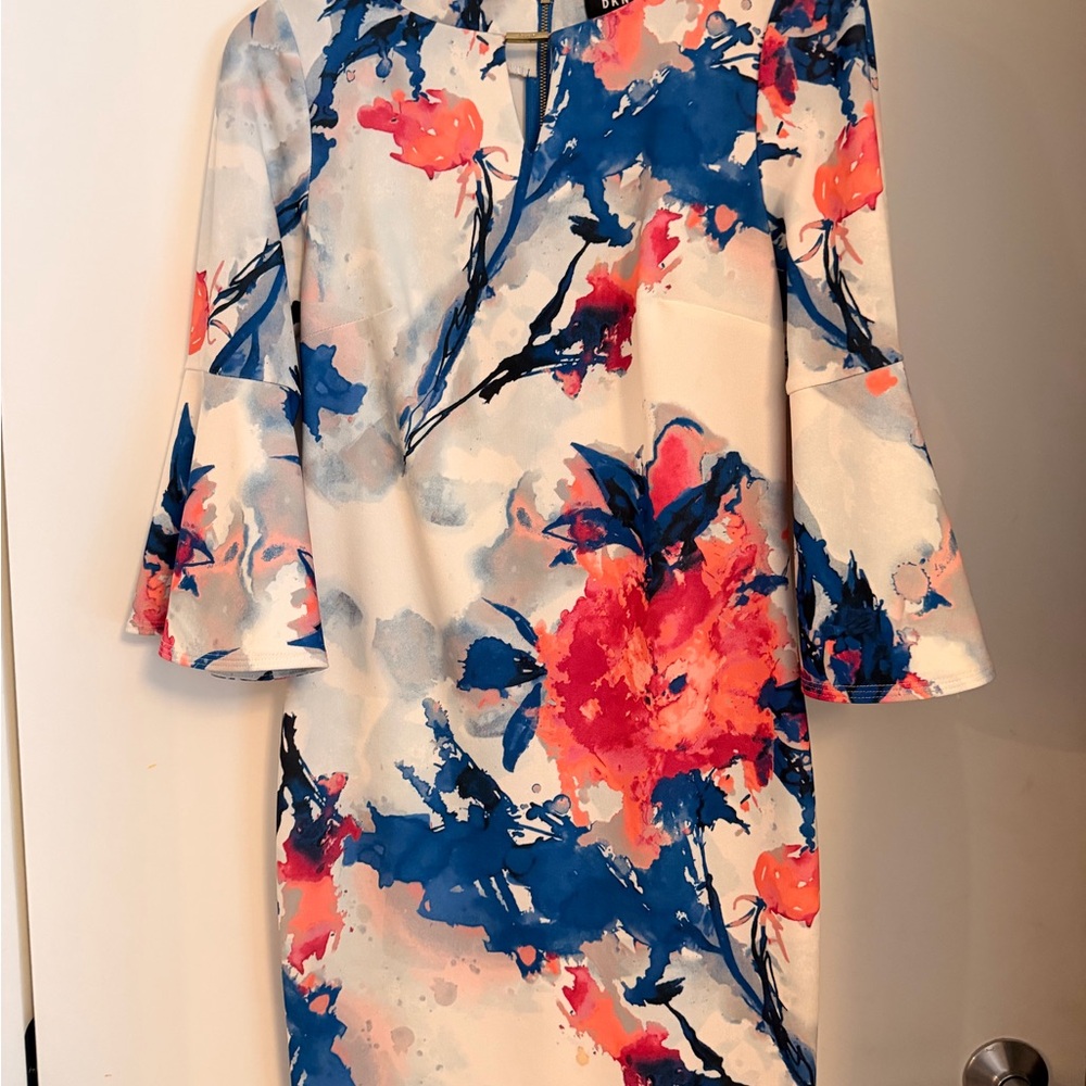 DKNY Blue and Pink Floral Midi Dress